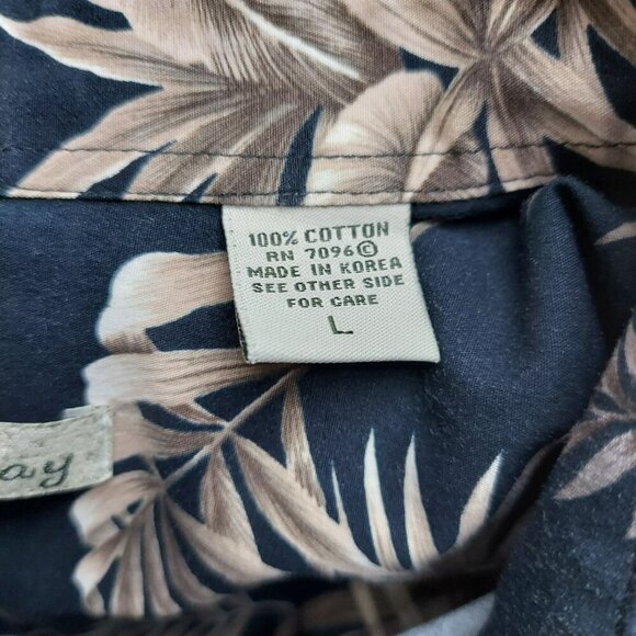 Batik Bay Mens Hawaiian Shirt L Black & Beige Tropical Leaf Print 100% Cotton - Picture 2 of 4